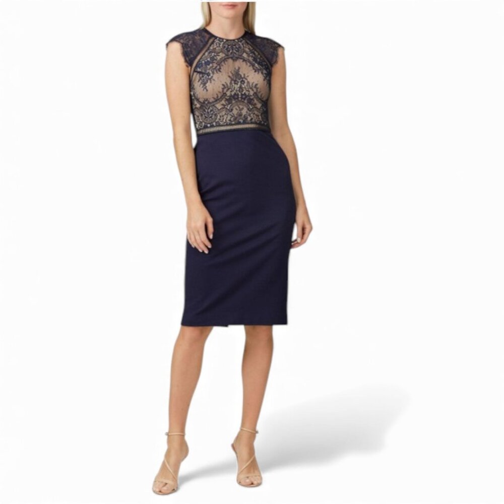 Catherine Deane Navy Lace & Jersey Sheath Dress – Size 10